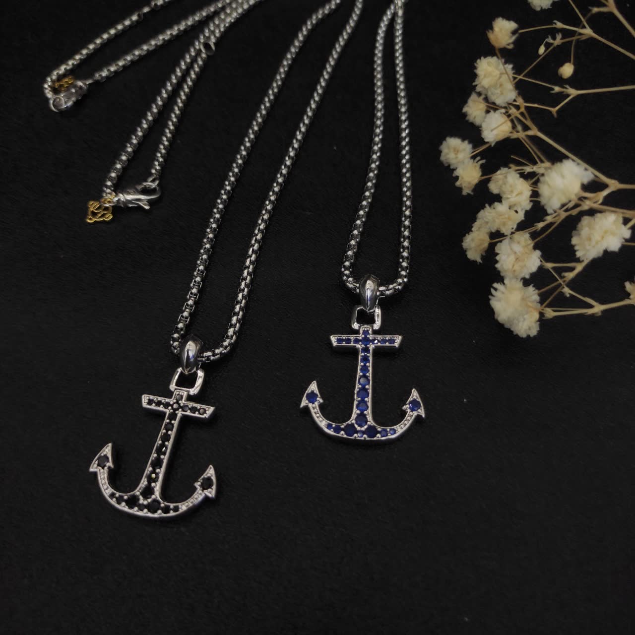 David Yurman Silver Anchor Pendant with Blue Stones